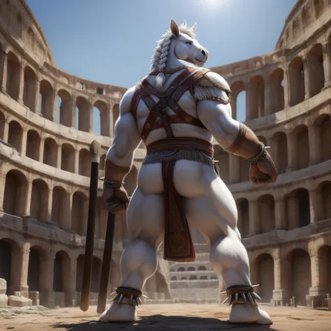 Furry, Kemono, Antropomorphic, humanoid horse, (Color White), Furry Antropometric legs, Hooves, Antro body, Bigg Ass, Male Bulge, Bigg Balls, Full body, Braided Mane, Roman gladiator armor, Gladiator, Black leather harness, Spiked Anklet, White fitted fund...