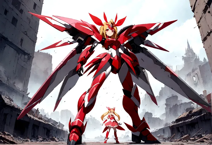 1 mecha style magical girl, blond hair, red eyes, wearing a magical girl armor in a mecha style, standing battle ready , full body in picture, turned towards viewer