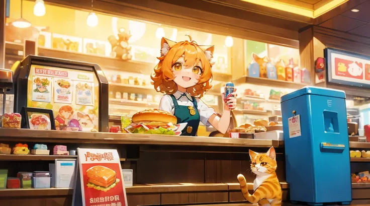 a cat orders a lot of food at a fast food restaurant an anthropomorphic golden scottish fold cat、standing at the counter of a co...