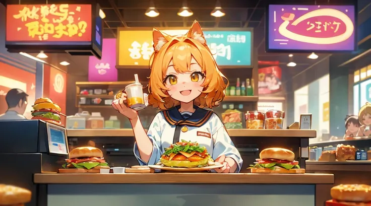 a cat orders a lot of food at a fast food restaurant an anthropomorphic golden scottish fold cat、standing at the counter of a co...