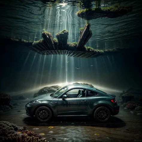 There is a micro sports car at the bottom of the ocean, surrounded by marine life. Light breaks through the water, creating mystical lighting. The car is partially covered with seaweed and coral, which emphasizes his prolonged stay under water. A variety o...