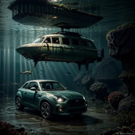 There is a micro sports car at the bottom of the ocean, surrounded by marine life. Light breaks through the water, creating mystical lighting. The car is partially covered with seaweed and coral, which emphasizes his prolonged stay under water. A variety o...