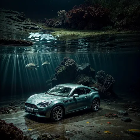 There is a micro sports car at the bottom of the ocean, surrounded by marine life. Light breaks through the water, creating mystical lighting. The car is partially covered with seaweed and coral, which emphasizes his prolonged stay under water. A variety o...