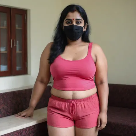 a full body shot of a chubby 25 year old Indian Lady in Red shorts and Pink Top, wearing a Black Mask, at home, Cleavage visible