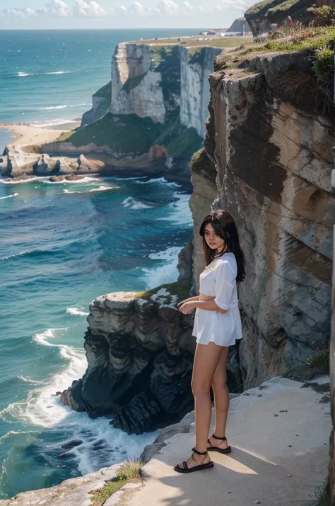 A female virtual influencer standing by a picturesque seaside cliff, with a stunning ocean view in the background."