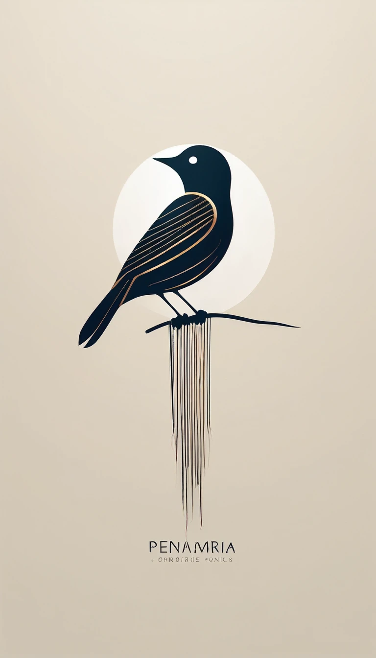 A minimal, modern, simple, cinematic logo design for the brand “Penamemoria". Create a modern, minimalistic, high-quality, logo of a bird with special and thin threads as tail and a boy guitarist