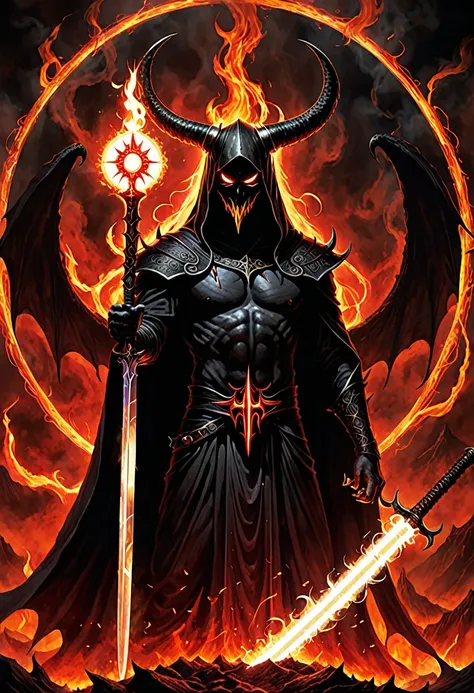 Hell God, lucifer, black face, no face, re eyes, holding glowing light sword, glowing text, against giant hell lord, ((circle light symbol)), behind head, dark fantasy art, death metal album cover, smoke, fire, lord of hell, ((diablo))