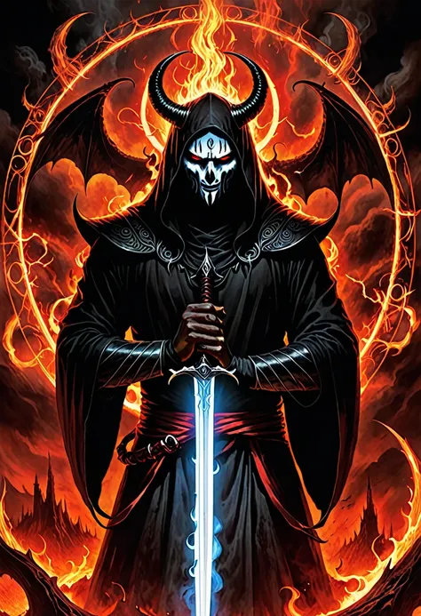 Hell God, lucifer, black face, no face, re eyes, holding glowing light sword, glowing text, against giant hell lord, ((circle light symbol)), behind head, dark fantasy art, death metal album cover, smoke, fire, lord of hell, ((diablo))