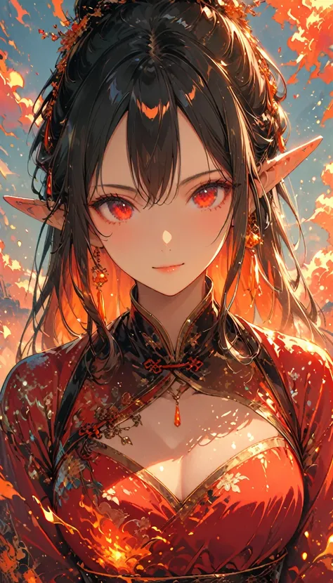 ((half body Portrait of a fire elf)), red flowing hair, shiny red eyes,( medium length pointy ears),orange fire around, flaming theme, burning atmosphere, (detailed sexy Chinese style costume:1.2), red glowing tattoos, orange crystal jewelry, light smile, ...