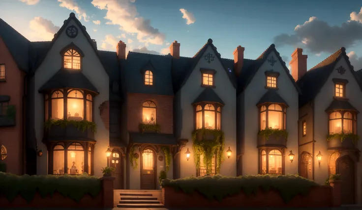 Render a whimsical Disney-inspired metropolis at dusk. Framed by lush greenery and wispy clouds, the modern townhouses are adorned with vibrant, intricately detailed brickwork, as if brought to life. Soft, golden light casts long shadows, imbuing the scene...