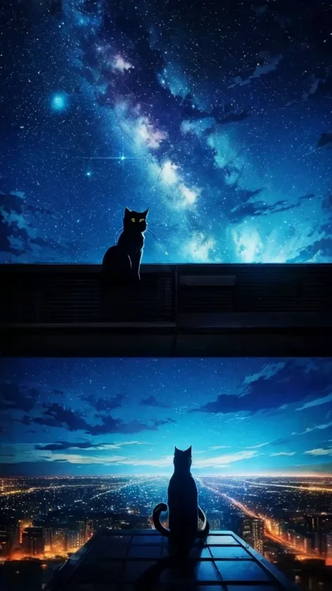 anime painting inspired by Makoto Shinkai, space art, (sideways (black cat) sitting on the roof of a building looking at the sky), mysterious, fantastic, meteor shower, intricate lights, twinkling city lights, (((unmanned))),