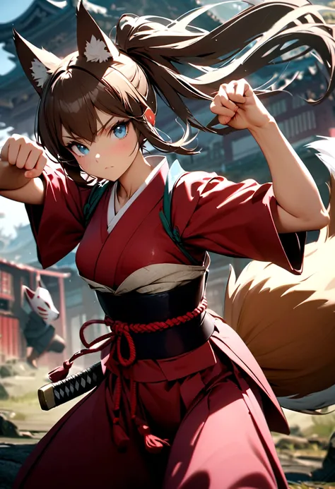 cute young girl, brown hair, long twintail hair, light blue eyes, fox ears, fox tail, muscular body, small breast, japanese outfit, fight with katana pose, fox mask