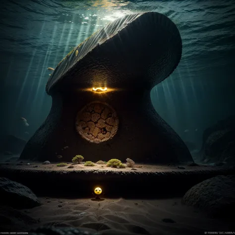 A gigantic Pac-Man is emerging from the ocean floor, surrounded by marine life. Light breaks through the water, creating a dramatic and mystical lighting effect. The colossal Pac-Man, with its iconic round shape and wide-open mouth, dominates the scene, ma...