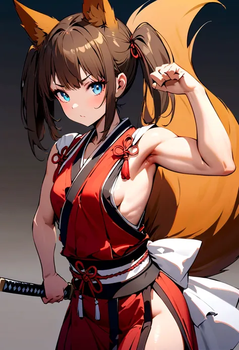 cute young girl, brown hair, long twintail hair, light blue eyes, fox ears, fox tail, muscular body, small breast, sexiest japanese outfit, fight with katana pose, fox mask