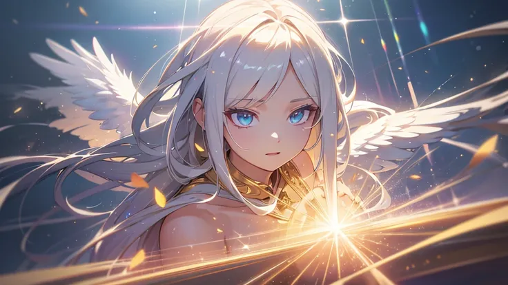 a pair of twin goddess, silver hair and golden hair, divine, beautiful, grand, shining brightly, particles of light, rays of light, pure white angelic wings, best quality, 8k, highres, masterpiece, anime style, realistic, photorealistic, photo-realistic, H...