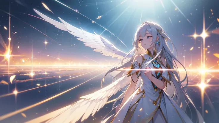 a pair of twin goddess, silver hair and golden hair, divine, beautiful, grand, shining brightly, particles of light, rays of light, pure white angelic wings, best quality, 8k, highres, masterpiece, anime style, realistic, photorealistic, photo-realistic, H...