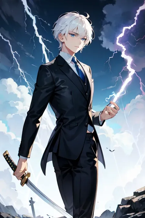 +A young white-haired man in a stylish suit and tie,+ blue eyes,+ lively light,+ Stand and look back.,+ holding a lightning katana,+ short hair,+ at night