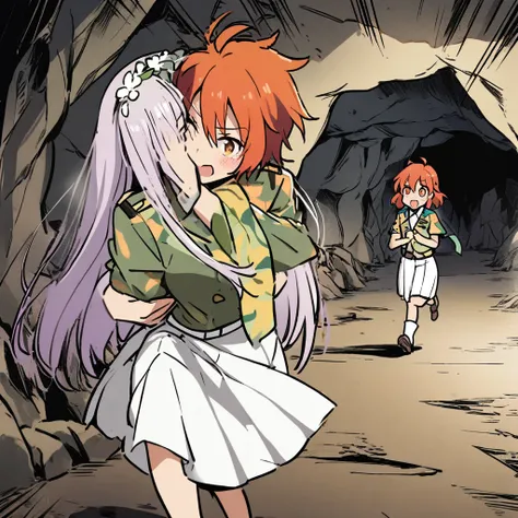 ( 2girls, Fujimaru ritsuka(female) is carrying euryale in a princess carry, ), tropical uniform, cave, running, hurry, 