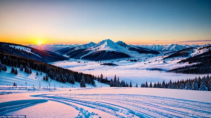 arafed view of a snowy mountain with a sunset in the background, cold but beautiful, warm beautiful scene, beautiful snowy lands...