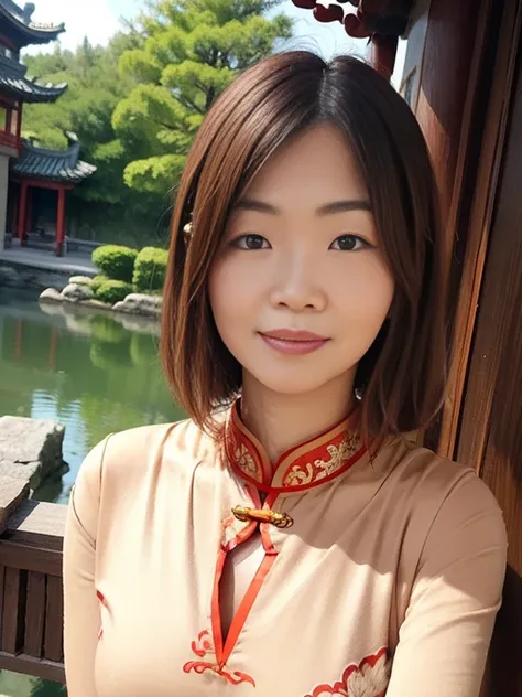 a woman wearing a chinese dress、she is posing with a traditional chinese garden as a backdrop。there are red lanterns and bamboo ...