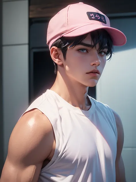 Pink Hair、Has bangs、Navy blue baseball cap、Jersey、Broad shoulders、Short Hair、Pink eyebrows、White skin、Muscular、Tall、Big Handale、Bad look in the eyes、20th Generation