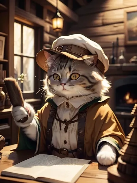 fluffy old cat, sage,wizard,very detailed cat and fur, hat and cape, log house in the forest, one animal,highly detailed images,...