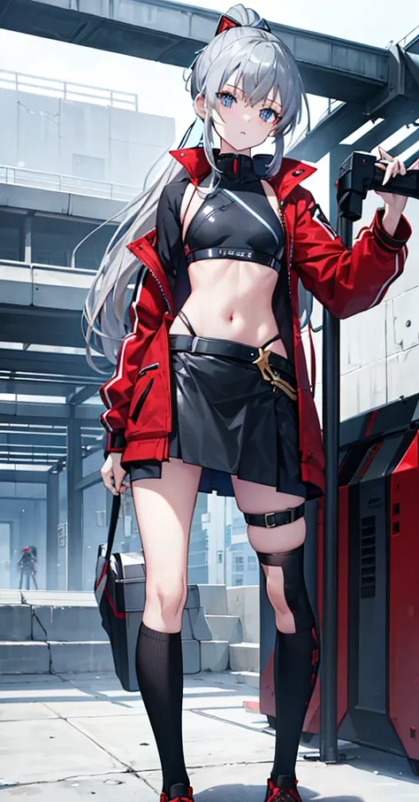 Girl，Gray Hair，High Ponytail，Blue Eyes。Carrying two long columns，Red jacket and black long sleeves，Black miniskirt for lower body，Both the top and bottom have gold patterns。Technology，flat chest，Shotgun，Airplane anthropomorphism。