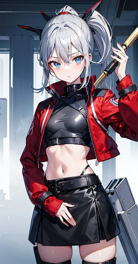 Girl，Gray Hair，High Ponytail，Blue Eyes。Carrying two long columns，Red jacket and black long sleeves，Black miniskirt for lower body，Both the top and bottom have gold patterns。Technology，flat chest，Shotgun，Airplane anthropomorphism。