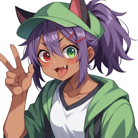 highres,1girl,animal ears,KEMOMIMI,KEMOMIMI hidden by an orange Flat cap,bangs,blush,heterochromia,red eye,green eye,red and green odd eyes,open mouth,fang,dark-skinned female,hair between eyes,hair ornament,hairclip,looking at viewer,smile,solo,v-shaped e...