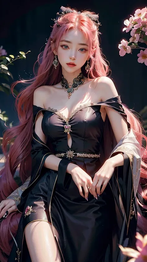 1girl, long hair, bright hair color, seductive eyes, mysterious expression, mature appearance, charming dress, flowing dress, elegant jewelry, intricate decoration, magic symbols, glowing accessories, potions, scrolls, cute accents, bows, ribbons, flowers,