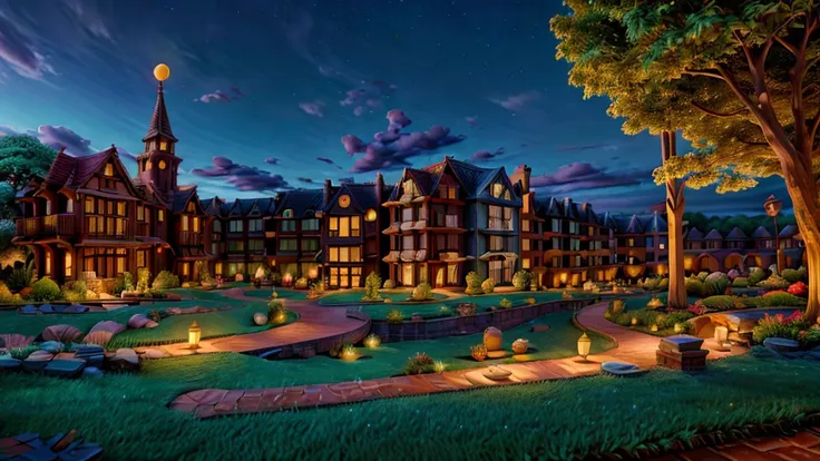 in the whimsical metropolis of luminaria, dusk descends as wispy clouds dance across the sky. modern townhouses, adorned with vi...