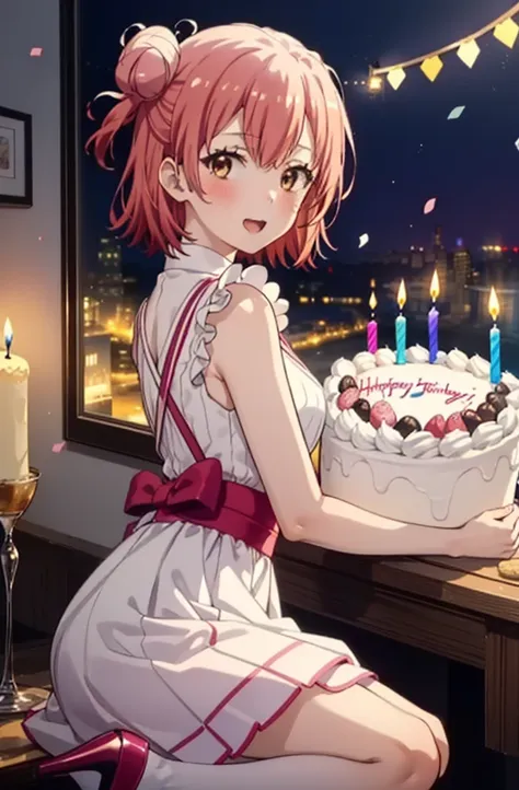 yuiyuigahama, yui yuigahama, One Girl,short hair, (Brown eyes:1.5), (Pink Hair:1.2), Hair Bun, single Hair Bun, smile,blush,Open your mouth wide,Pink sleeveless dress,Long skirt,Stiletto heels,A birthday cake with lit candles,
,There is a round birthday ca...