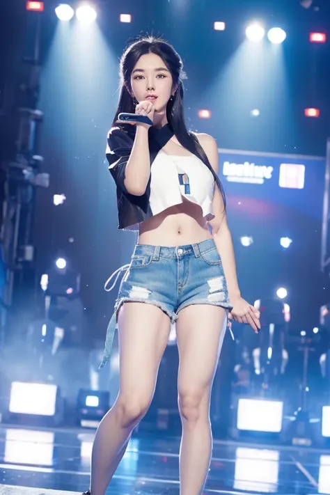 kwoneunbilora, black hair, black eyes, WATERBOMB, jean shorts, hot pants, beautiful body, Sky blue bikini with see-through top, dancing and singing on stage, wet, festival atmosphere