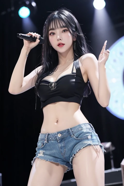 kwoneunbilora, black hair, black eyes, waterbomb, jean shorts, hot pants, beautiful body, sky blue bikini with see-through top, ...