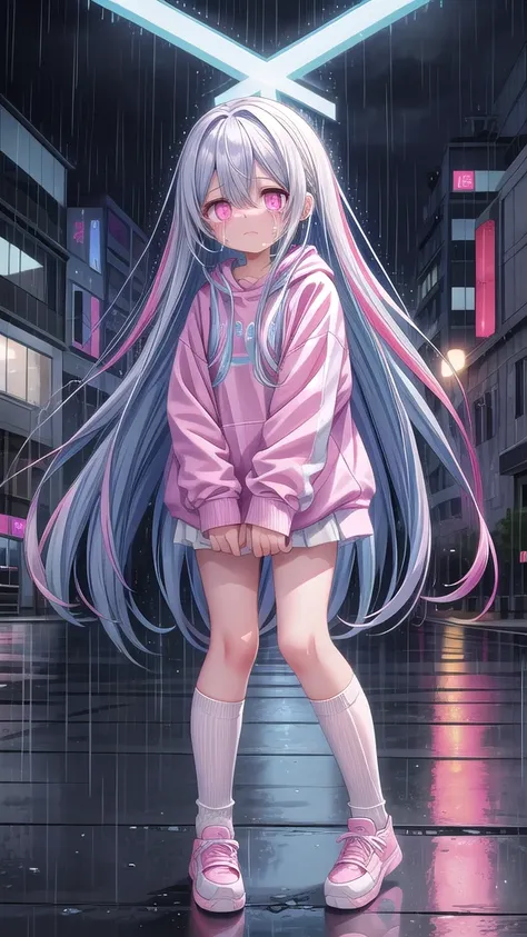 white knee socks，blue long hair（1.5），pink and white sweatshirt，pink eyes，cry，blue headphones,street scene，rain scene，gloomy scen...