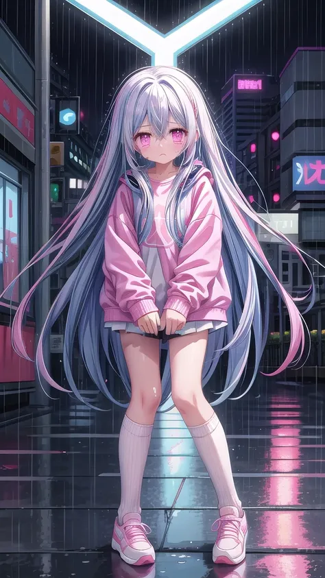 white knee socks，blue long hair（1.5），pink and white sweatshirt，pink eyes，cry，blue headphones,street scene，rain scene，gloomy scen...