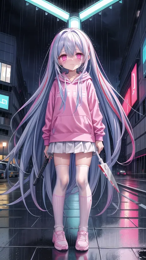 white knee socks，blue long hair（1.5），pink and white sweatshirt，pink eyes，cry，blue headphones,street scene，rain scene，gloomy scen...