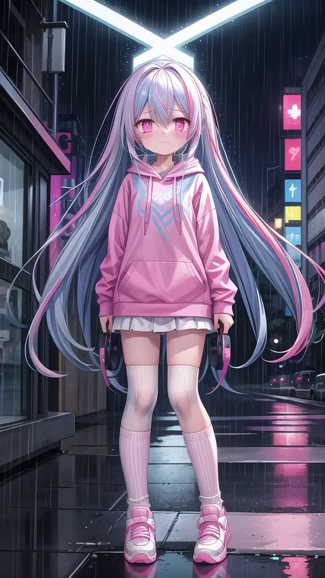 white knee socks，blue long hair（1.5），pink and white sweatshirt，pink eyes，cry，blue headphones,street scene，rain scene，gloomy scen...