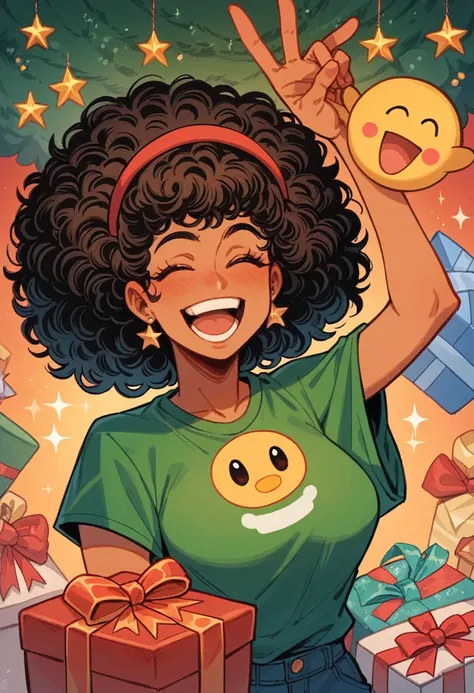 (La best quality,high resolution,super detailed,actual),Cute Afro American Girl ,curly hair，in the room，smiley face，，surrounded by christmas gifts，Dreamy elements（ （（masterpiece）））， （（best quality））， （（intricate details））（8k）