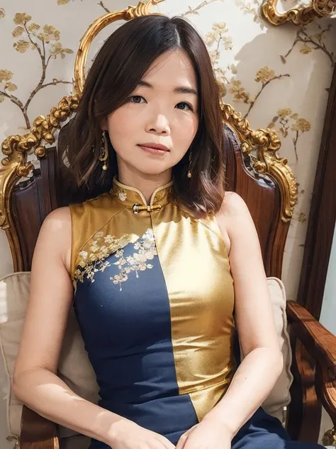 a woman wearing a chinese dress、sitting in a luxurious room with antique furniture。the background features silk wall hangings an...