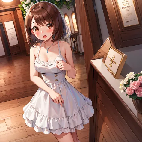 masterpiece, Highest quality, High resolution, Gloria1, 1 Girl, Gloria(Pokémon), Brown Hair, , Brown Eyes, , Short Hair, , Bobcut, bangs, , 　１Describe a girl carefully　１Girl　Expression in love　blush　Open Mouth　blush　church　Wedding dress（mini skirt）　breast ...