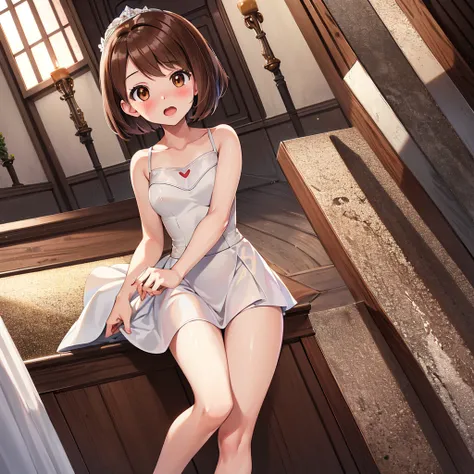 masterpiece, Highest quality, High resolution, Gloria1, 1 Girl, Gloria(Pokémon), Brown Hair, , Brown Eyes, , Short Hair, , Bobcut, bangs, , 　１Describe a girl carefully　１Girl　Expression in love　blush　Open Mouth　blush　church　Wedding dress（mini skirt）　breast ...