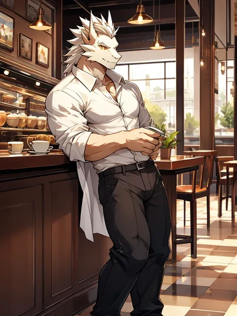 masterpiece, solo, male, white dragon, golden eyes, white medium hair, medium muscular body, handsome, good looking, casual shir...