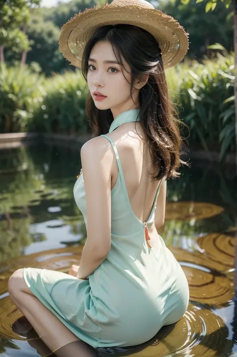 (((best quality))),(((ultra detailed))),(((masterpiece))),illustration,1 beautiful girl,slim,straw hat,shiny skin,black skin,sweat,wet,bare back,short Embroidered red cheongsam,collar,bare arms,pantyhose,sitting in the Paddy pool filled with Rice seedlings...