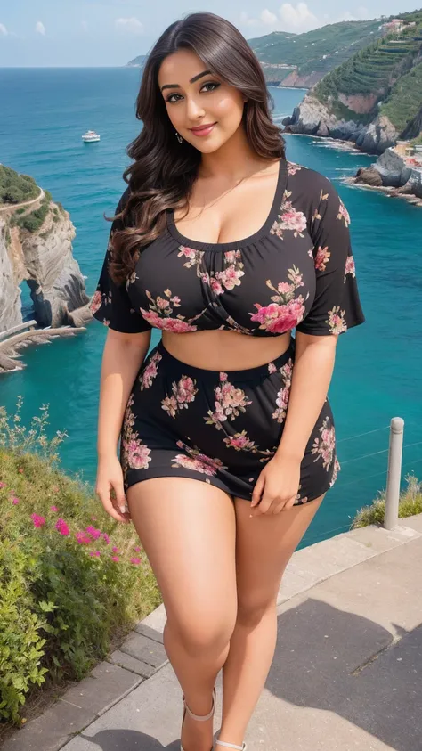 monali thakur Indian beautiful actress curvy plus size hour glass bulky huge figure woman, closeup camera view, big huge m-cup breast, wearing SHEIN Tween Girls Knit Short T-Shirt With Floral Print And Square Neckline, covered Bust , elegant standing posit...