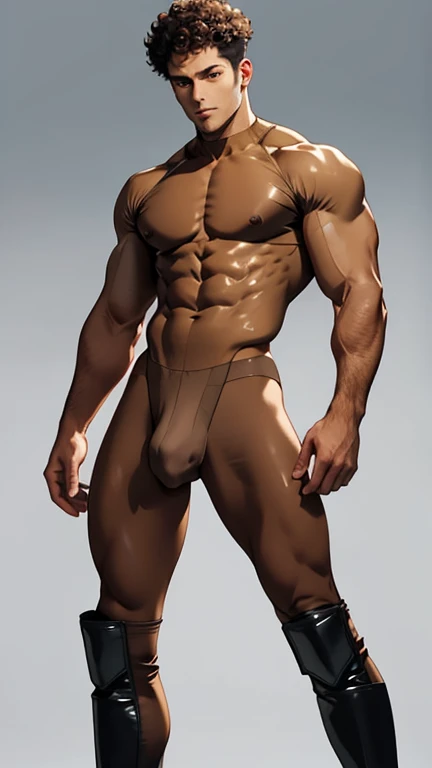 light brown skin, short curly hair, male, male, masculine, light brown skin, brown, brown hair, brown eyes, tight White  body suit, black boots, large thighs, muscular, feminine body, slim waist, male, large hips, full body, one person, realistic