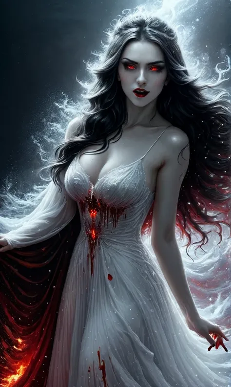 Afrafed, dark fantasy art, goth art, a beautiful female vampire wearing a (blood stained white evening dress: 1.5), an extremely beautiful female vampire, ultra detailed face, black hair, long hair, wavy hair, red lips, glowing red eyes, visible vampiric f...