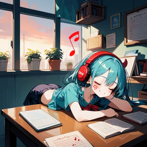 score_9, score_8_up,score_7_up,flat color,(best quality, masterpiece, ultra high-resolution, ultra-detailed: 1.2), 
A girl sleeping face down on a desk, クローズアップ,smiling,closed eyes,big headphones,
(A lot of musical note marks are popping out from the headp...