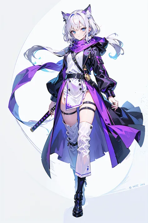 1 Girl，solo，(Loli image)，（（（white hair））），（The flattest），Delicate face and beautiful eyes，Fine hair，A particularly long strand of side hair)，(Cat ear hood)，One eye is covered by a hood，scarf，(White background 1：：5)，standing painting style，((Full Body Love)...