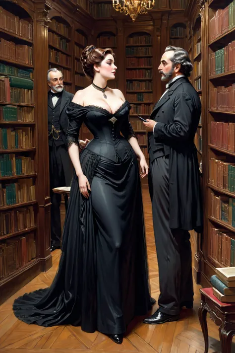 Full body view, a tall voluptuous buxom, fully figured, mature victorian widow in a black dress having a intimate conversation with a eldely gentleman in the library, by Jean Béraud, inspired by Jean Béraud, inspired by Édouard Detaille, edouard leon corte...